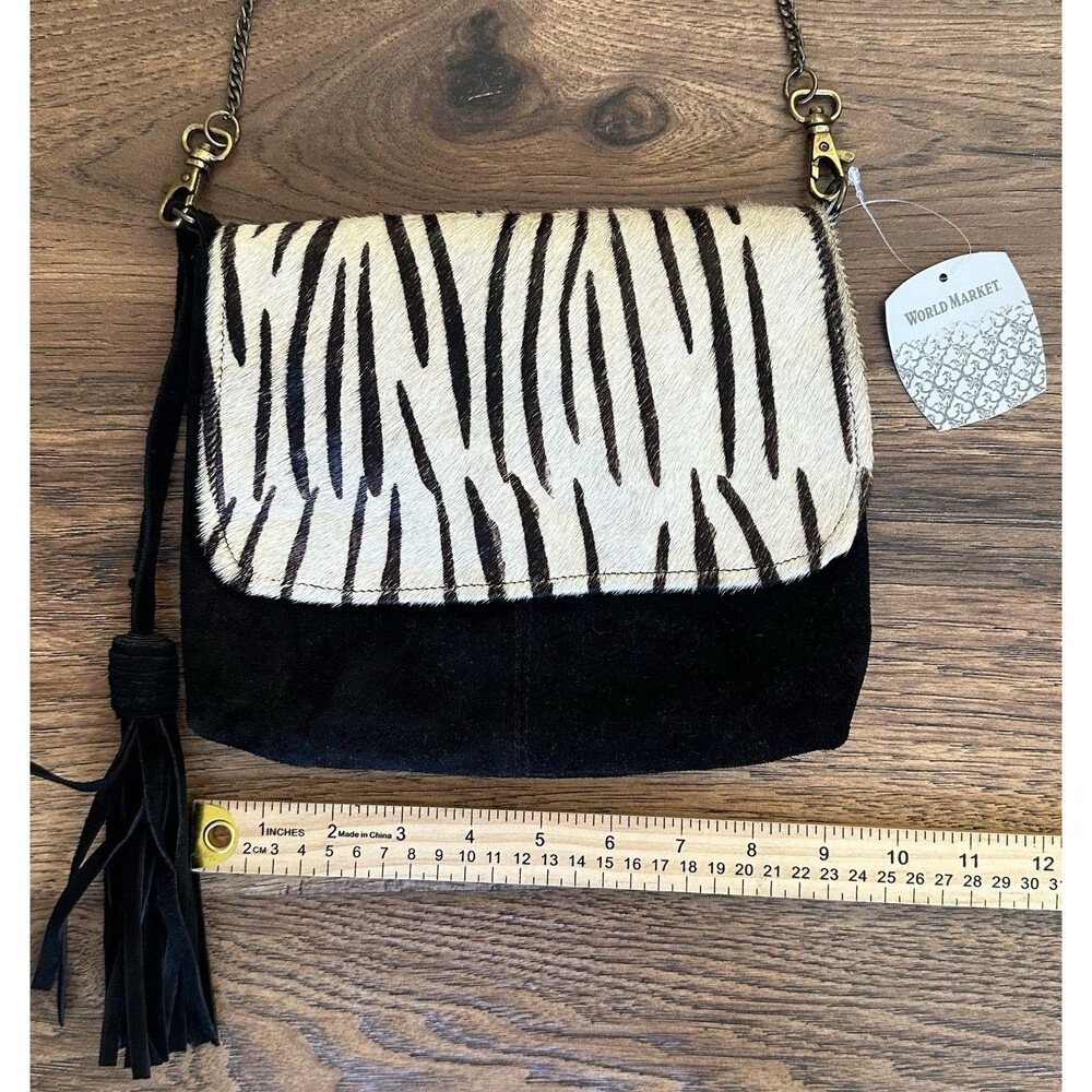 World Market Zebra Print Haircalf Suede Crossbody Bag Tassel Chain Strap NWT